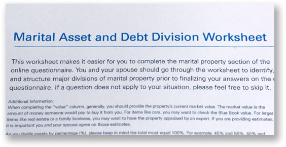 Upper section of a worksheet with blue letters that read marital asset and debt division worksheet