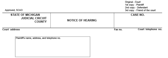 A divorce form used to give notice of hearing to appear in court. The form has blank lines to fill in information such as the judge, plaintiff, defendant, etc.