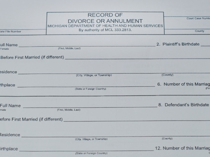 Paper copy of a legal document that's titled Record of Divorce or Annulment from the Michigan Department of Health and Human Services.