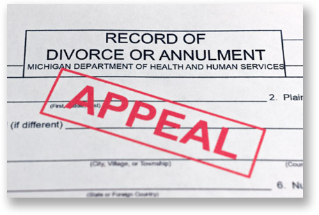 A Michigan Record of Divorce or Annulment with a red appeal stamp over it