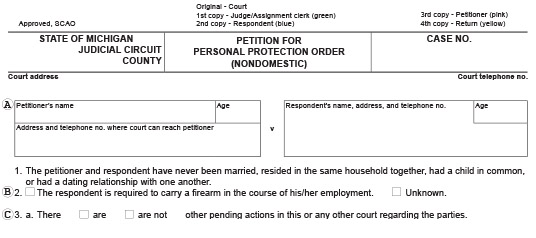 Blank Michigan court document that’s titled Form CC 377 Petition for Personal Protection Order Nondomestic Relationship. This is used to protect victims that do not have a domestic relationship to the person they are filing against.