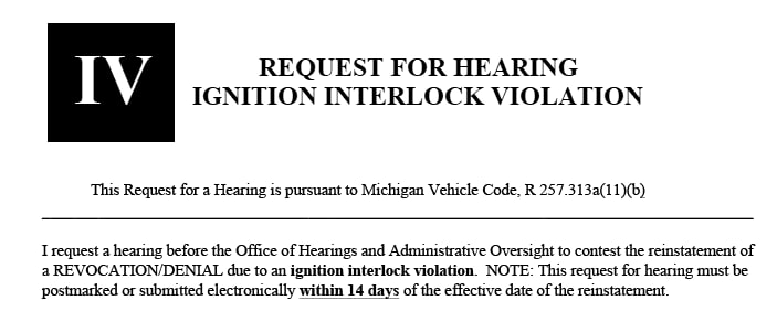 Blank form used to request a hearing for ignition interlock violations