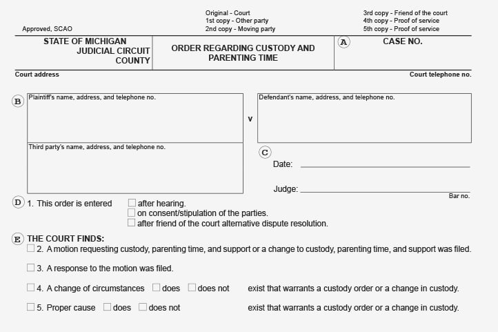 Blank PDF of a Michigan child custody form titled Order Regarding Custody and Parenting Time. The form has information to fill out such as name, address, and other information on custody and parenting time.