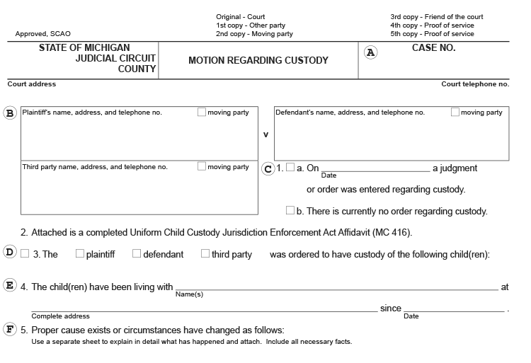 A motion regarding custody form is shown, with sections for plaintiffs and defendants to complete
