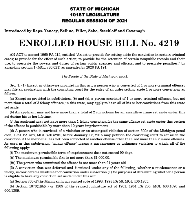The first page of house bill 4219 is shown, indicating it is an amendment to 1965 PA 213
