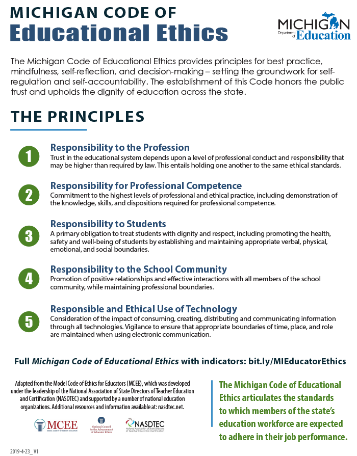 Copy of the Michigan code of professional ethics laying out education laws and standards for school staff