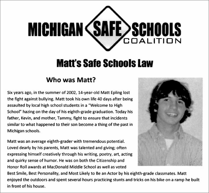An article of Matt's Safe Schools Law showing a picture of 14 year old Matt Epling