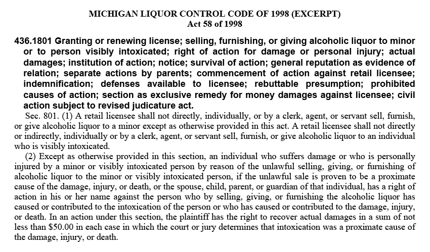 Excerpt of the Michigan Liquor Control Code of 1998