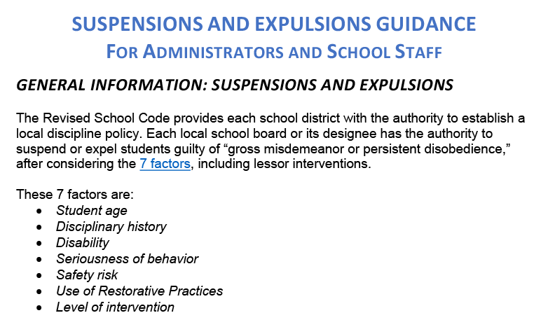 Brief summery of factors that school faciality can use for suspension and expulsion guidance