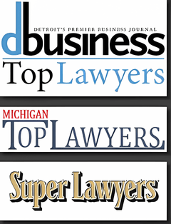 Logos for dbusiness top lawyers, Michigan Top Lawyers, and Super Lawyers