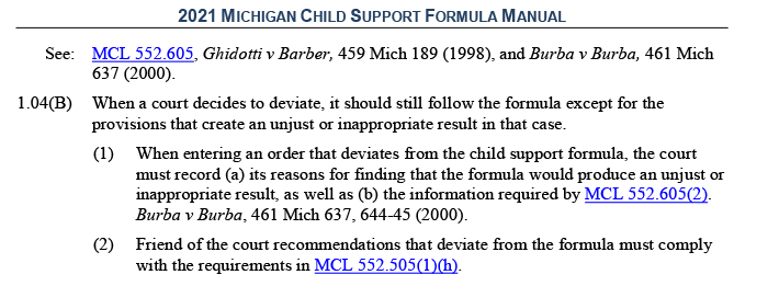 Summary of the 2021 Michigan Child Support Formula Manual referencing MCL 552.605